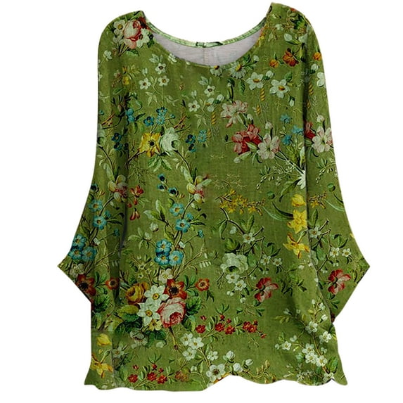 IROINNID Womens Plus Size Tops Round-Neck Long Sleeve Print Home T-shirt Blouse,Green