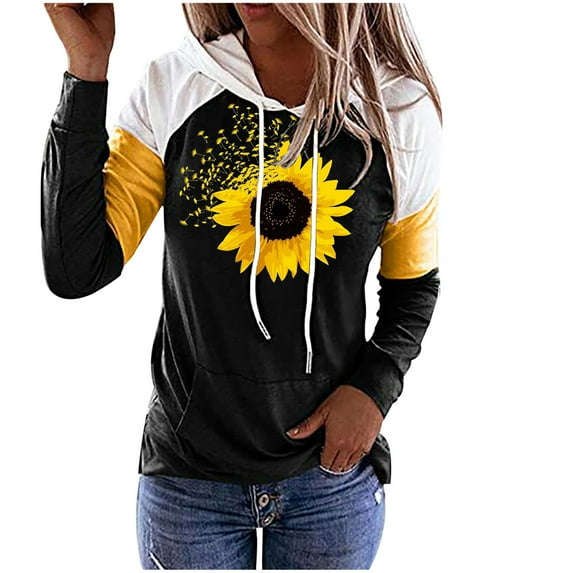 IROINNID Discount Womens Winter Clothes Pullover Hoodies Long Sleeve Autumn T-Shirt Flowy Printing Hooded Pockets Blouse Tops,Black
