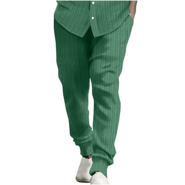 IROINNID Drawstring Pants for Men Elastic Waist Stripe Cotton Linen Daily Loose Trousers Full Length Pants with Pocket,Olive Green