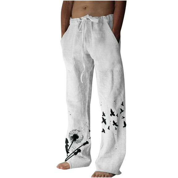 IROINNID Drawstring Pants for Men Summer Cotton Linen Wide Leg Pants Elastic Waist Printed Leisure Sports Holiday Pants,White