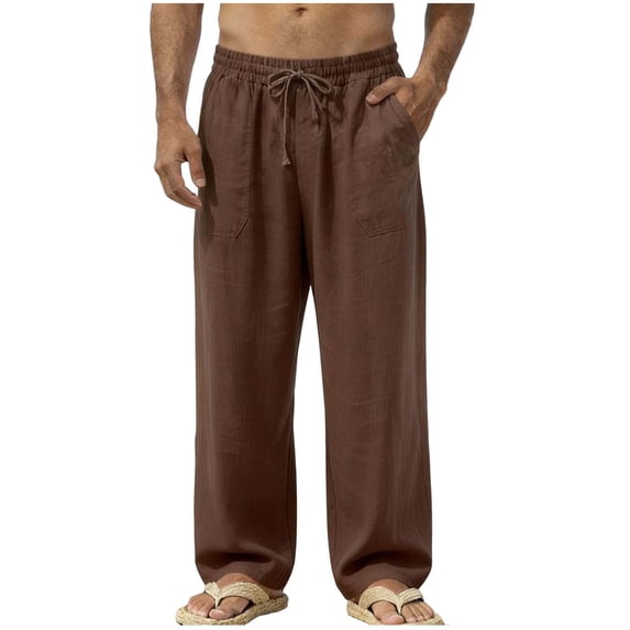IROINNID Drawstring Pants for Men Solid Casual Drawstring Waistband Cotton Linen Loose Fit Trousers Pants with Pocket