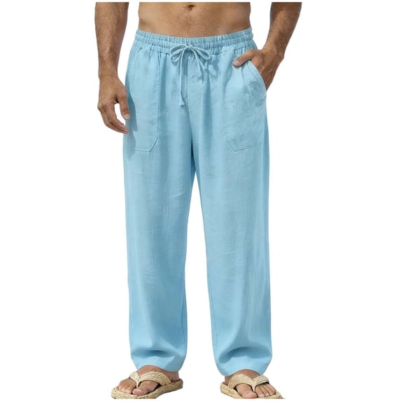 IROINNID Drawstring Pants for Men Solid Casual Drawstring Waistband Cotton Linen Loose Fit Trousers Pants with Pocket