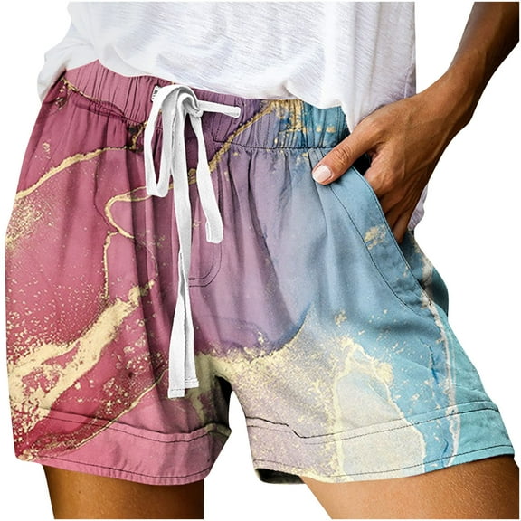 IROINNID Drawstring Shorts for Women Summer (Not Positioned) Printed Multi Pocket Lace Up Shorts Pants,Pink