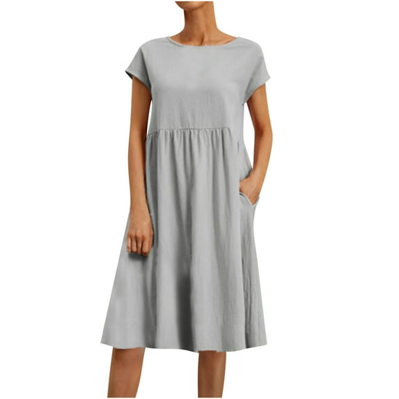 IROINNID Dress For Women Casual Summer Cotton Linen Solid Color Round Neck Short Sleeve Midi Dress