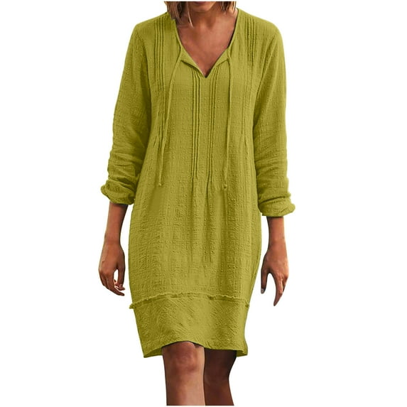 IROINNID Dress Shirt for Women Cotton and Linen V-neck Loose Three Quarter Sleeve Knee-High Dress ,Yellow