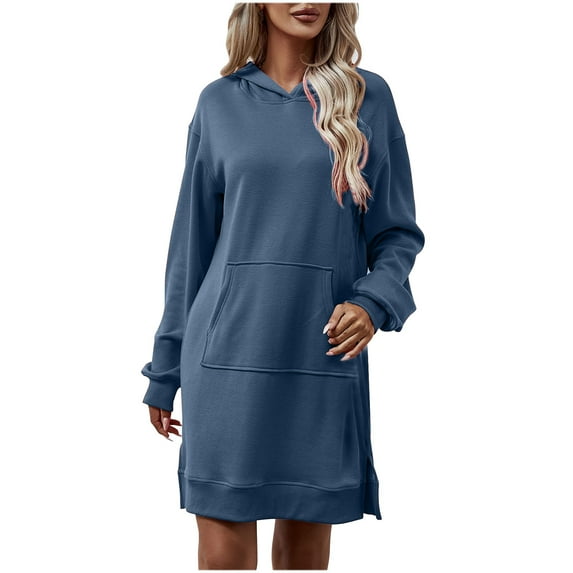 IROINNID Dress Shirt for Women Fall/Winter New Hooded Long Sleeve Pocket Split Long Sweater Dress ,Dark Blue
