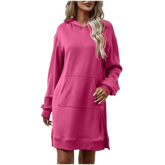 IROINNID Dress Shirt for Women Fall/Winter New Hooded Long Sleeve Pocket Split Long Sweater Dress ,Hot Pink
