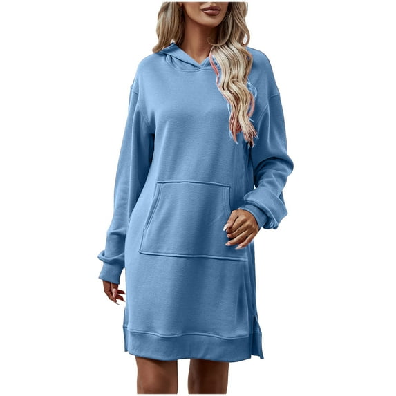 IROINNID Dress Shirt for Women Fall/Winter New Hooded Long Sleeve Pocket Split Long Sweater Dress Savings,Sky Blue