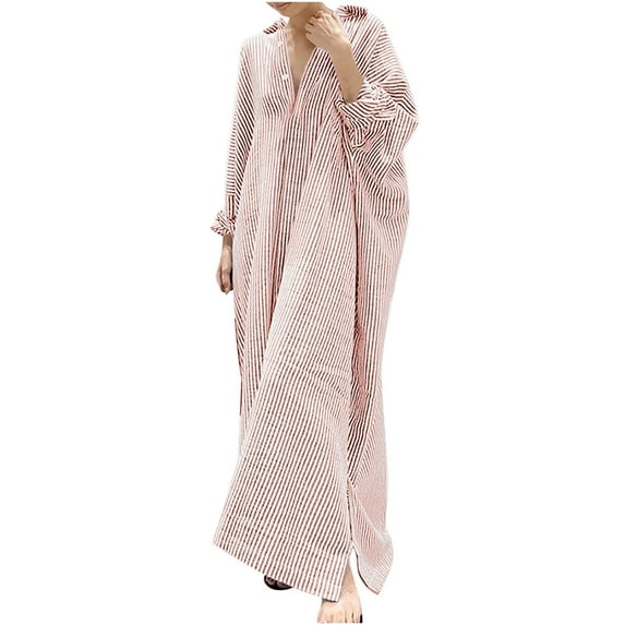 IROINNID Dress Shirt for Women Full-Length Strapless Cotton Stripe Lapel Loose Irregular Cardigan Dress ,Pink