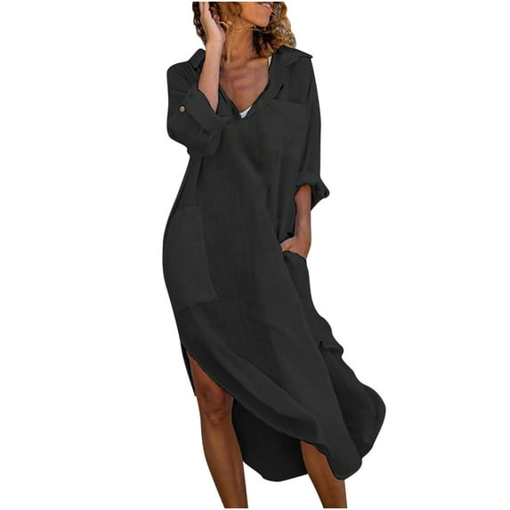 IROINNID Dress Shirt for Women Full-Length Strapless Solid Long Sleeve Pockets Turn Down Collar Dresses Deals,Black