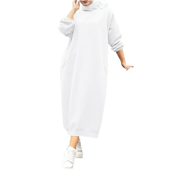 IROINNID Dress Shirt for Women Round Neck Winter Warm Color Long Sleeve Pocket Long Dress,White