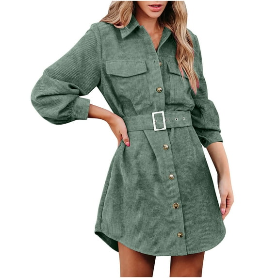 IROINNID Dress Shirt for Women Solid Classic Lace Up Long Sleeve Flap Neck Pocket Dress Long Sleeve Flap Neck Dress ,Green