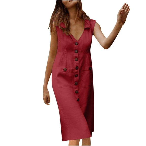 IROINNID Dress Shirt for Women Summer Solid Color V-neck Soft Comfortable Sleeveless Vest Dress ,Red