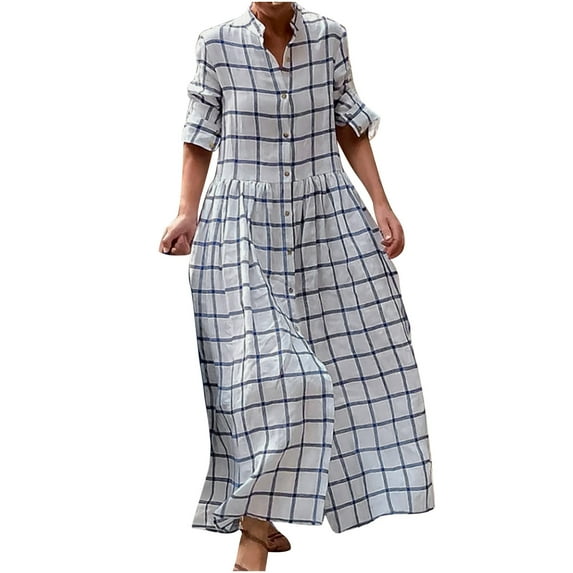 IROINNID Dress Shirt for Women Turn Down Collar Loose Lattice Long Sleeve Long Dress Savings,Blue