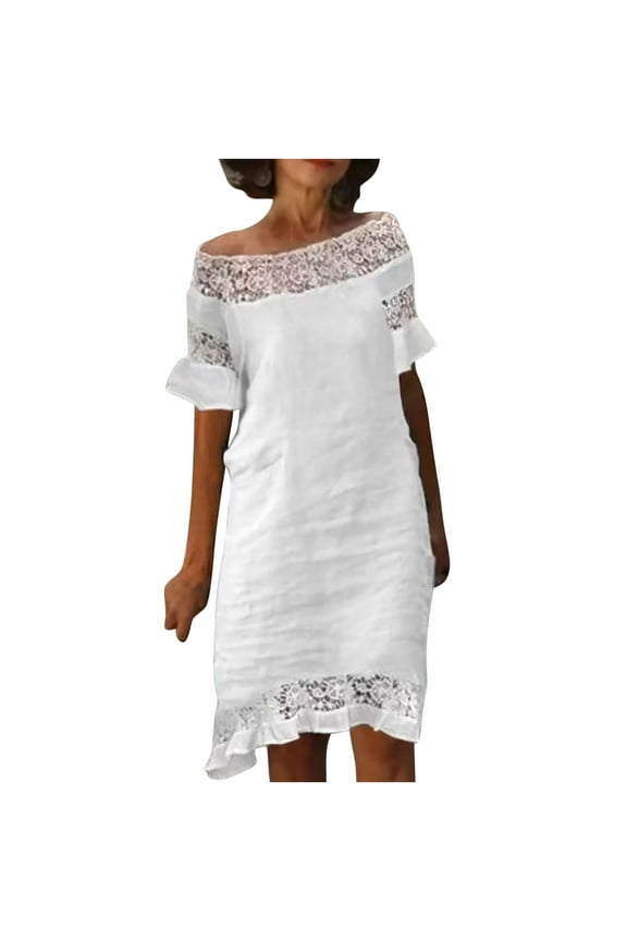 Dress for Women 2023 Semi Formal Fall Dress Solid Color Lace Lace One-line Shoulder Off-shoulder Short-sleeved Dress Fit&Flare Dress,White