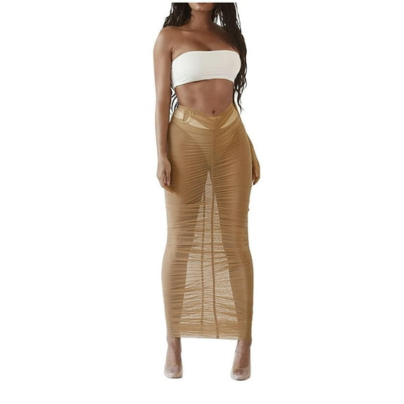 IROINNID Elastic Waist Long Skirts For Women pleated slim perspective mesh beach skirt Solid Color Skirt
