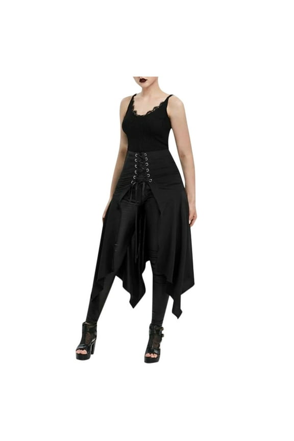 Elastic Waist Mid Skirts For Women Halloween Gothic Punk Asymmetric Lace-up Slit Front Skirt A-Line Skirt Solid Color Skirt