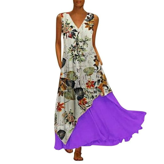 IROINNID Empire Dress For Women Plus Size Vintage V Neck Splicing Floral Maxi Dress Sleeveless V-Neck Strapless Print Empire Waist Dress