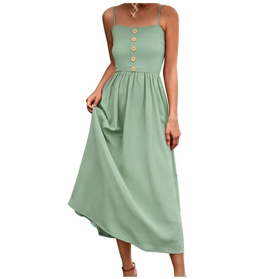 IROINNID Empire Dress For Women Regular Sleeveless Summer Suspender Sling Dress Button Casual Long Dress Square Neck Solid Color Dress
