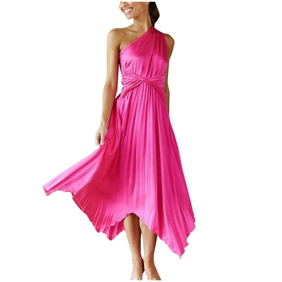 IROINNID Empire Dress For Women Sleeveless One Shoulder Summer One Shoulder Ruffle Long Dress Strapless Solid Color Dress