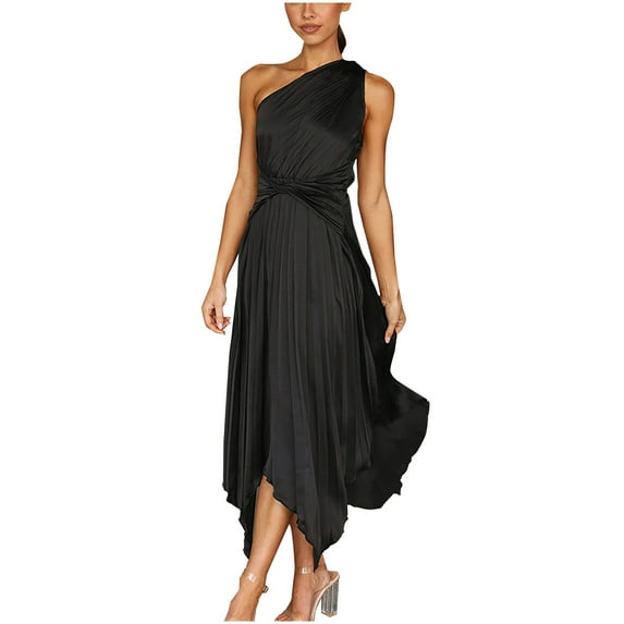 IROINNID Empire Dress For Women Sleeveless One Shoulder Summer One Shoulder Ruffle Long Dress Strapless Solid Color Dress