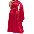 thumbnail image 1 of IROINNID Fall Dress for Women Semi Formal Evenning Party Empire Dress Versatile Daily Life Solid Color Single Shoulder Pleated Long Skirt With Sloping Collar And Waist Up Dress,Red, 1 of 5