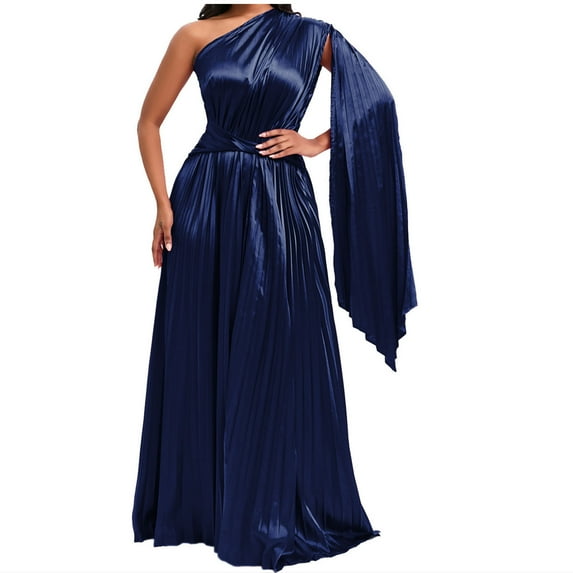 IROINNID Fall Dress for Women Semi Formal Evenning Party Empire Dress Versatile Daily Life Solid Color Single Shoulder Pleated Long Skirt With Sloping Collar And Waist Up Dress,Dark Blue