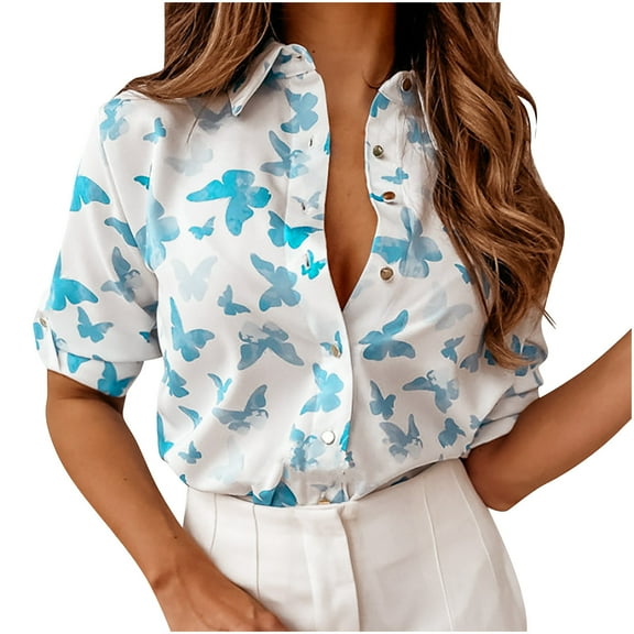 IROINNID Fall Shirt for Women Casual Long Sleeve T-shirt Tie Dye Turn-down Collar Button Down Blouse Tops,Light Blue