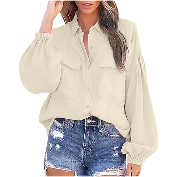 IROINNID Fall Shirt for Women Savings Solid Turndown Collar Puff Sleeve T-Shirt Loose Blouse Basic Button Tops with Pocket,Beige