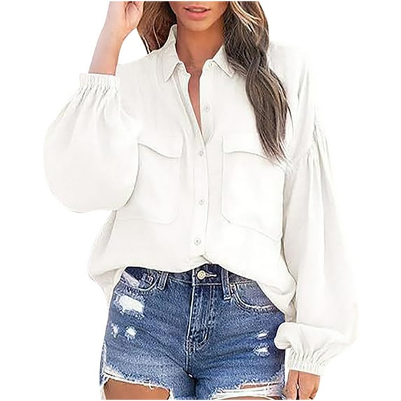 IROINNID Fall Shirt for Women Savings Solid Turndown Collar Puff Sleeve T-Shirt Loose Blouse Basic Button Tops with Pocket,White