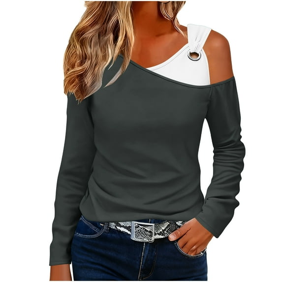 IROINNID Fall Shirts for Women Long Sleeve Color Block One Shoulder Blouse Drop Shoulder Casual Trendy Pullover Top for Summer