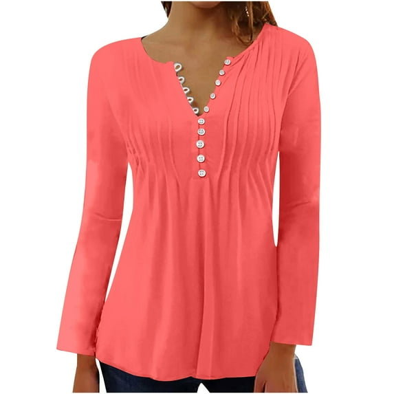 IROINNID Fall Shirts for Women Long Sleeve Loose Fit Solid Tunic Tops V-neck Button Pleated Pullover Comfy Blouse,Hot Pink