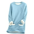 thumbnail image 1 of IROINNID Fall Shirts for Women Long Sleeve Tops Loose Fit Winter Warm Plush Top Thickened Lamb Wool Thermal Crewneck Sweatshirt,Light Blue, 1 of 5