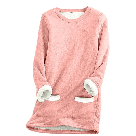 IROINNID Fall Shirts for Women Long Sleeve Tops Loose Fit Winter Warm Plush Top Thickened Lamb Wool Thermal Crewneck Sweatshirt,Pink
