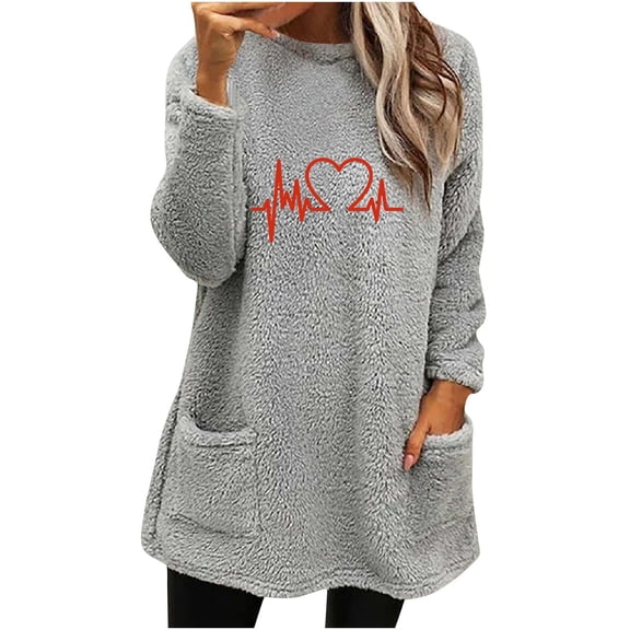 IROINNID Fall Shirts for Women Long Sleeve Tops Winter Warm Loose Fit Solid Plush Crewneck Pullover Thermal Fleece Tops with Pocket,Gray