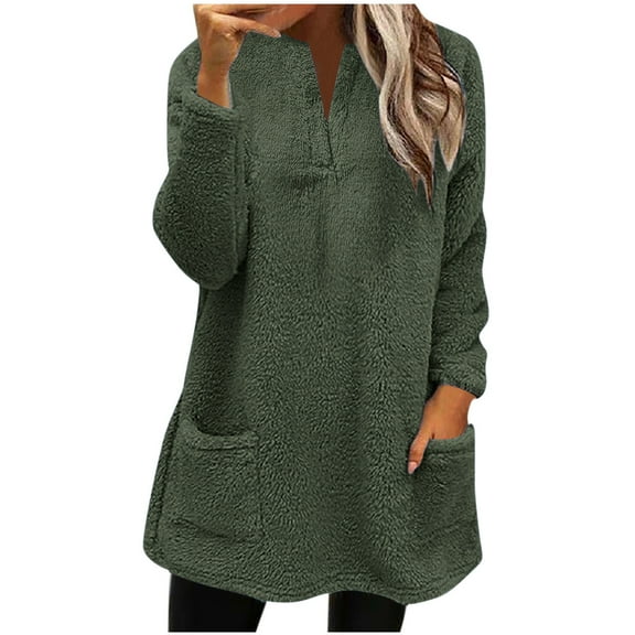 IROINNID Fall Shirts for Women Long Sleeve Winter Thermal Pullover Sweatshirt Loose Fit Solid Warm Casual Tops with Pockets,Olive Green