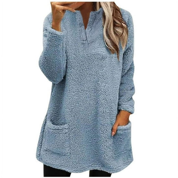 IROINNID Fall Shirts for Women Long Sleeve Winter Thermal Pullover Sweatshirt Loose Fit Solid Warm Tops with Pockets,Blue