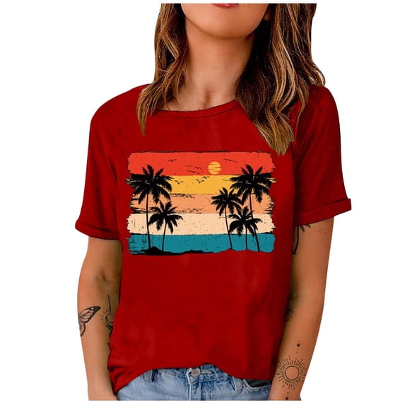 IROINNID Fashion Woman Casual Print Round-Neck Basic Short Sleeve T-Shirt Printing Loose Blouse Tops Spring Saving Sale