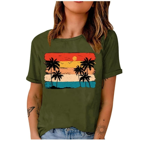 IROINNID Fashion Woman Casual Print Round-Neck Basic Short Sleeve T-Shirt Printing Loose Blouse Tops