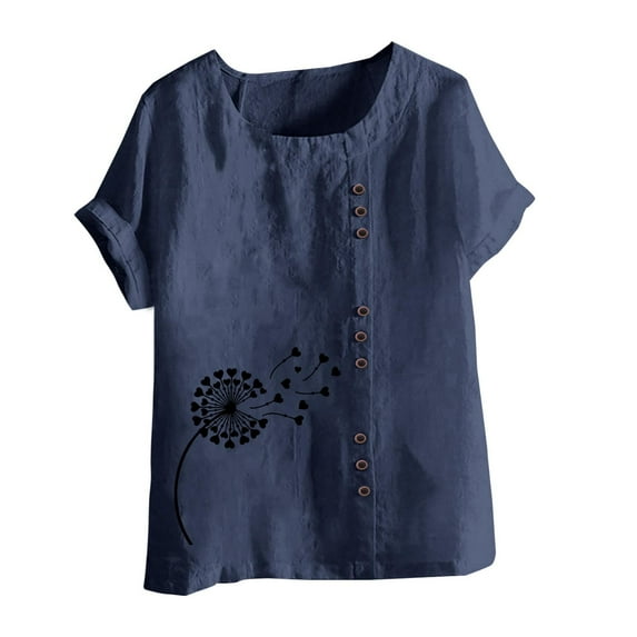 IROINNID Fashion Women Summer Leisure Loose Print Button Down Comfy Round-Neck T-Shirt Short Sleeve Casual Blouse Spring Saving Sale