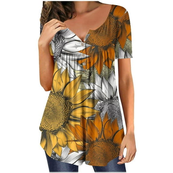 IROINNID Fashion Women Summer Loose Button Donw Comfy Print Round-Neck T-Shirt Short Sleeve Casual Blouse Spring Saving Clearance