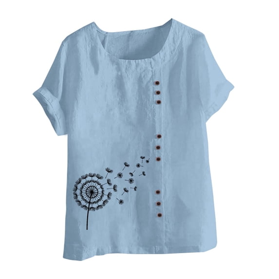 IROINNID Fashion Women Summer Loose Button Down Print Round-Neck Fashion T-Shirt Short Sleeve Casual Blouse Spring Saving