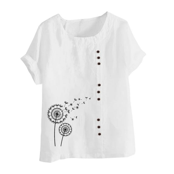 IROINNID Fashion Women Summer Loose Print Round-Neck Button Down T-Shirt Short Sleeve Casual Tops Blouse