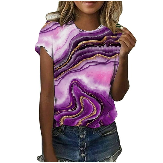 IROINNID Fashion Women Summer Loose Print Round-Neck T-Shirt Loose Fit Short Sleeve Casual Fashion Blouse Clearance