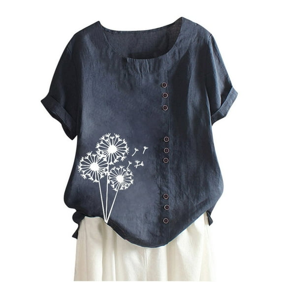 IROINNID Fashion Women Summer Loose Print Round-Neck T-Shirt Roll Up Cuffed Short Sleeve Casual Blouse Tops Spring Saving