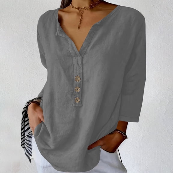 IROINNID Fashion Women's 3/4 Sleeve V-Neck Blouse Summer Pocket Tops Solid Color Vacation Clothes Trendy (Dark Gray,XL)