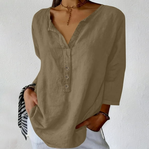 IROINNID Fashion Women's 3/4 Sleeve V-Neck Blouse Summer Pocket Tops Solid Color Vacation Clothes Trendy (Khaki,2XL)