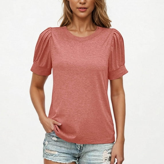 IROINNID Fashion Women's Basic Round Neck Short Sleeve Blouse Solid Color Casual Summer Tops ,Soft Loose Fits Shirt with Crew Neck Design for Daily Wear and Beach(Pink,)