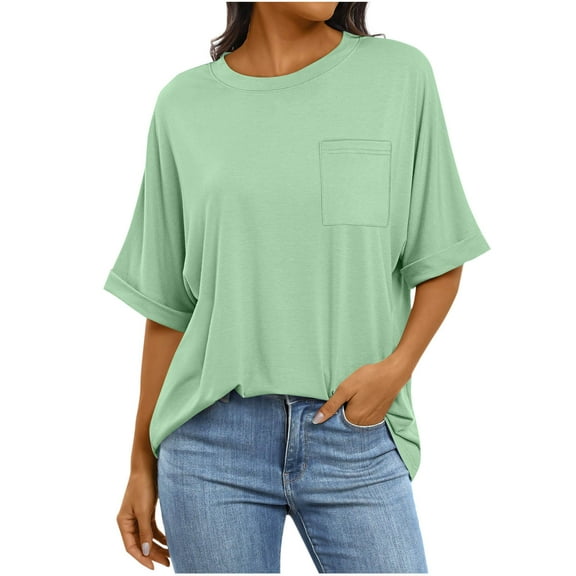 IROINNID Fashion Women's Casual Short Sleeve Pocket Tops Round Neck Solid Blouse Summer Loose Fits Beach Tee(Green,XL)