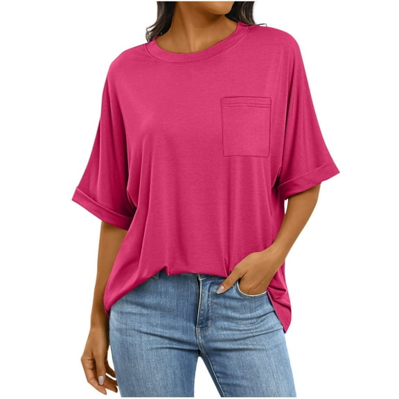 IROINNID Fashion Women's Casual Short Sleeve Pocket Tops Round Neck Solid Blouse Summer Loose Fits Beach Tee(Hot Pink,S)